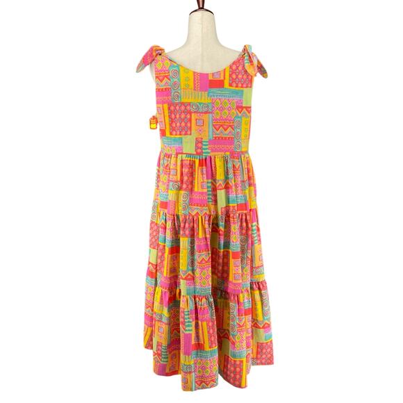 Vtg 80s 90s Two Potato Retro Artsy Midi Tiered Tie Shoulder Dress M Resort Wear - Picture 3 of 16